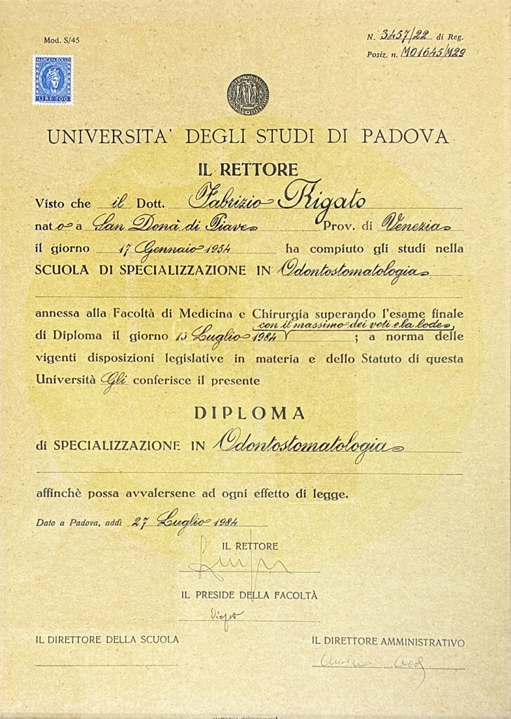 Università degli Studi di Padova - Specializzazione Dr. Rigato Fabrizio